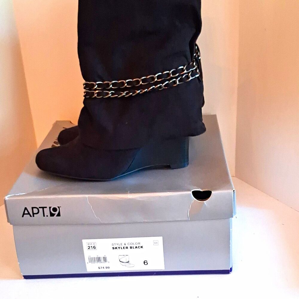 Apt. 9 Skyler Black Faux Suede Chain Wedge Mid-Calf Round Toe Zip Boot 6